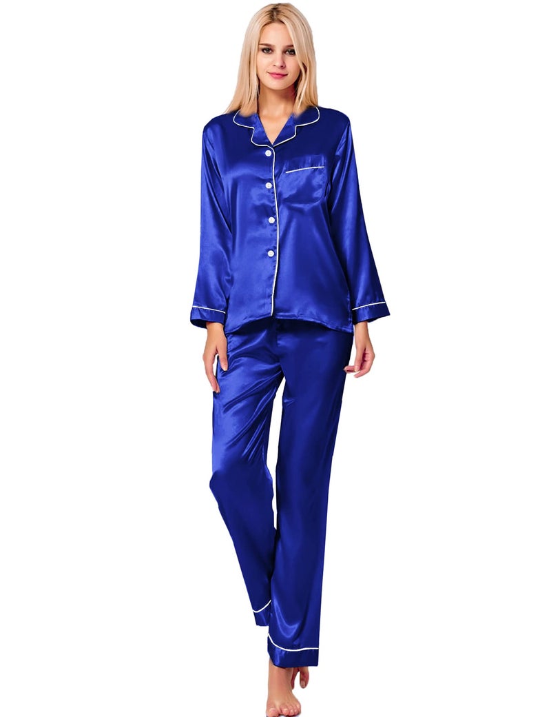 SWOMOG Womens Silk Satin Pajamas Long Sleeve Loungewear Two-Piece Sleepwear Button-Down Pj Set Blue - Image 3